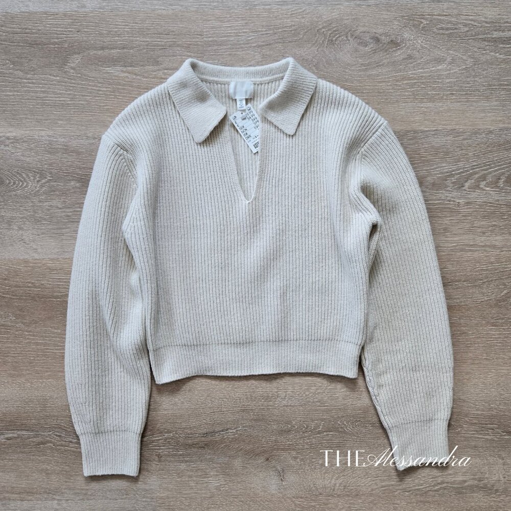 H&M Rib Knit Collared Sweater Long Sleeve Cropped Cream Size Small New With Tags
